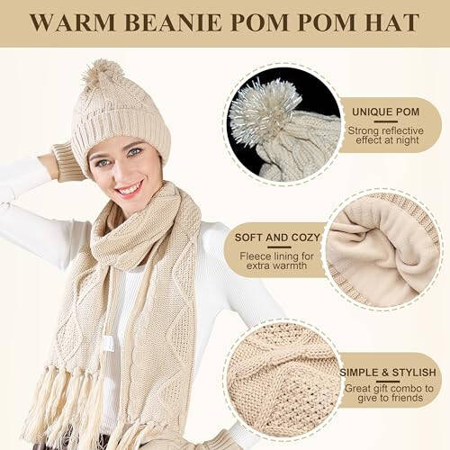 Hat Gloves Scarf Set Women - Beanie Winter Gift Set Warm Knit Pom Cap Touch Screen Glove Long Scarf 3pcs for Women - 3