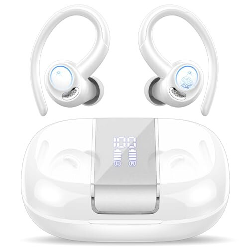 Headphones Wireless Earbuds Sport, Bluetooth 5.3 Over Ear Buds Stereo Deep Bass Headset with Earhooks, 48H Wireless Earphones with HD Mic, IP7 Waterproof Earbud for Sports/Running/Workout White - 1