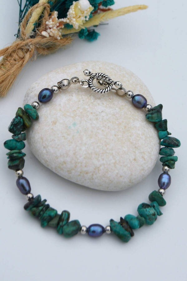 Healing Bracelet Made of Real African Turquoise and Pearl Stone - 2