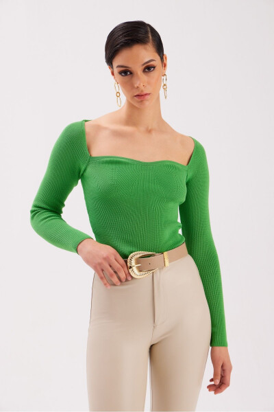 Heart Neckline Knit Blouse - Green - 2