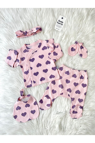 Heart Pattern Pink-Turquoise 5-Piece Newborn Baby Girl Hospital Discharge Set - 3