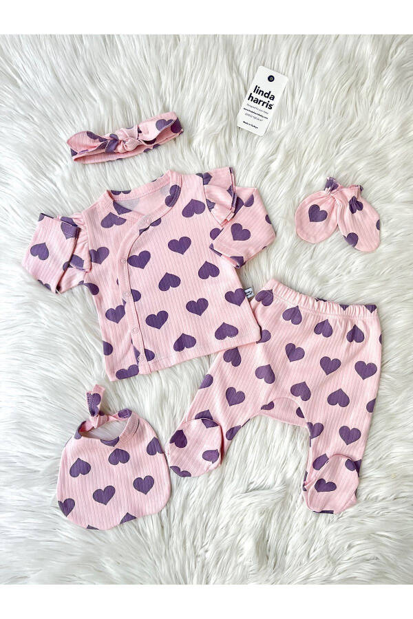 Heart Pattern Pink-Turquoise 5-Piece Newborn Baby Girl Hospital Discharge Set - 3