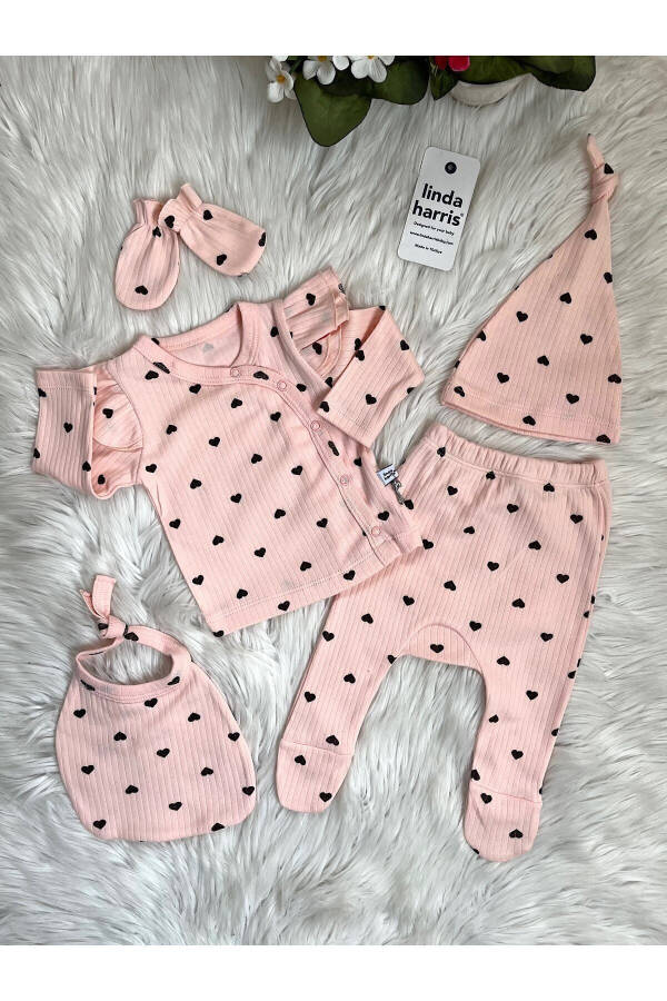 Heart Pattern Salmon 5-Piece Newborn Baby Girl Hospital Discharge Set - 3