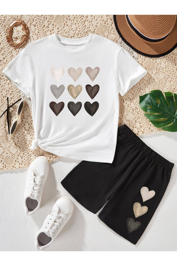 Heart Print White Black Kids Shorts T-Shirt Top Bottom Set - 1