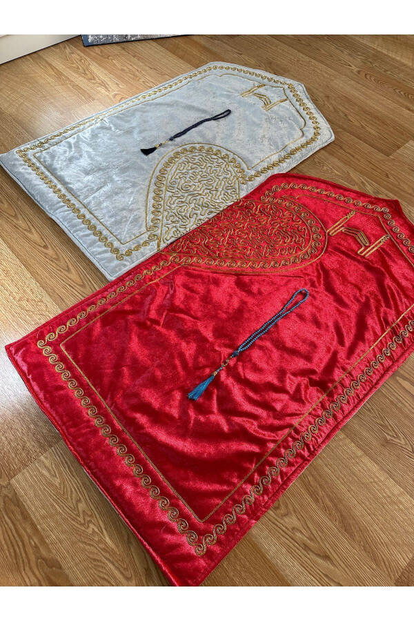 Heart-shaped double prayer rug, dowry and gift velvet prayer rug. - 4