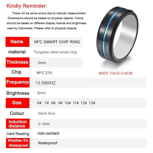 Hecer Su o'tkazmaydigan Volfram po'lat NFC Forum 2-turi 215 496 bayt Chip Universal Mobil telefon uchun Har tomonlama sezgirlik texnologiyasi Kiyilgan aqlli uzuk (qora ko'k Volfram nfc uzuk-21 mm) - 4