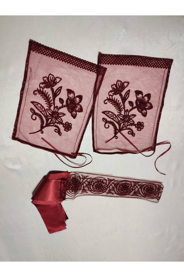 Henna Night Set with Burgundy Sequined Bridal Henna Veil, Belt and Gloves - 40