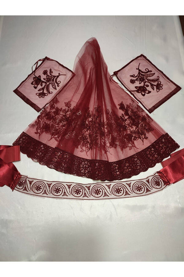 Henna Night Set with Burgundy Sequined Bridal Henna Veil, Belt and Gloves - 42