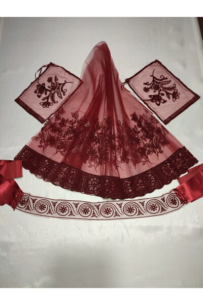 Henna Night Set with Burgundy Sequined Bridal Henna Veil, Belt and Gloves - 6