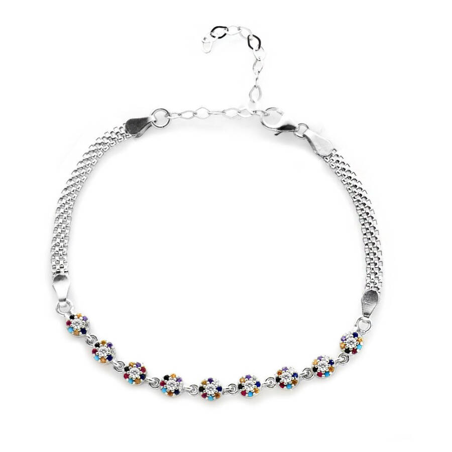 Hexagon Design Multicolor Zircon Stone 925 Sterling Silver Waterway Women's Bracelet - 16