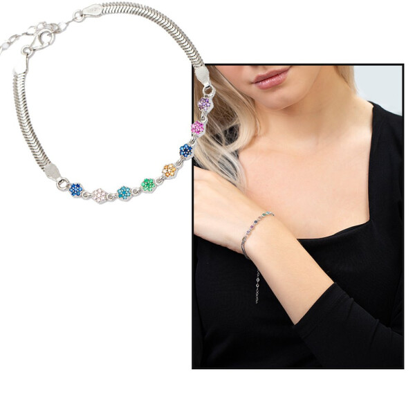 Hexagon Design Multicolor Zircon Stone 925 Sterling Silver Waterway Women's Bracelet - 18