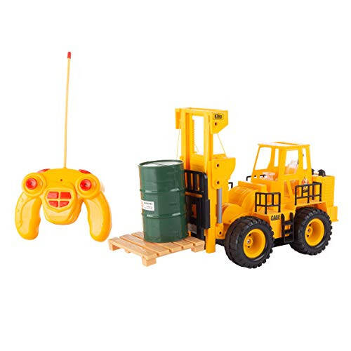 Hey! Play! Remote Control Toy Forklift– 1:24 Scale, Fully Functional RC Fork Truck with Lights and Sound, Includes Pallet, Pretend Barrel for Kids,Brown/a - 1