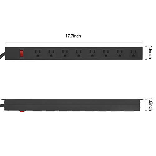 HHSOET Metal 8 Çıkışlı Duvara Monte Edilebilir Priz Şeridi, Duvara Monte Priz Şeridi Ağır Hizmet Tipi, Geniş Aralıklı Ticari Dükkan Priz Şeridi Anahtarla, 15A 125V 1875W, 6 FT SJT 14AWG Güç Kablosu (Siyah) - 2