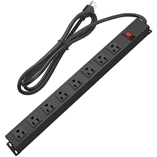 HHSOET Metal 8 Outlet Mountable Power Strip, Wall Mount Outlet Power Strip Heavy Duty, Wide Spaced Commercial Shop Power Strip with Switch, 15A 125V 1875W, 6 FT SJT 14AWG Power Cord (Black) - 1