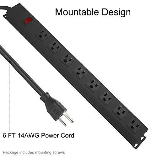 HHSOET Metal 8 Outlet Mountable Power Strip, Wall Mount Outlet Power Strip Heavy Duty, Wide Spaced Commercial Shop Power Strip with Switch, 15A 125V 1875W, 6 FT SJT 14AWG Power Cord (Black) - 4