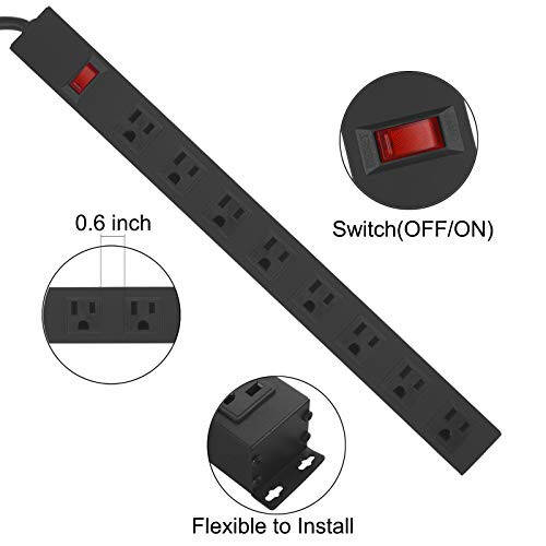 HHSOET Металлическая 8-розетковая монтажная электрошнур, настенная монтажная электрошнур усиленного типа, электрошнур для коммерческих магазинов с широким пространством с выключателем, 15A 125V 1875 Вт, 6 футов SJT 14AWG шнур питания (черный) - 3