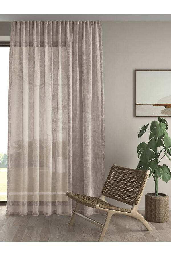 High Quality Sheer Curtain with Extra Lining, Wrinkled, Straw Color, Linen Look - 1