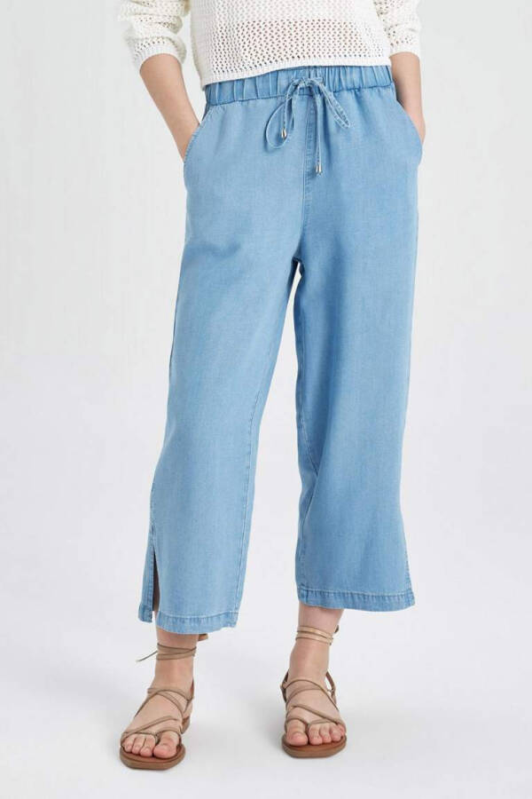 High Waist Culotte Short Wide Leg Slit Jean Pants Mint Blue - 10