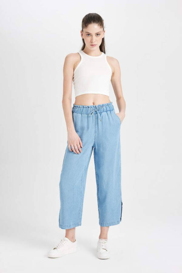 High Waist Culotte Short Wide Leg Slit Jean Pants Mint Blue - 3