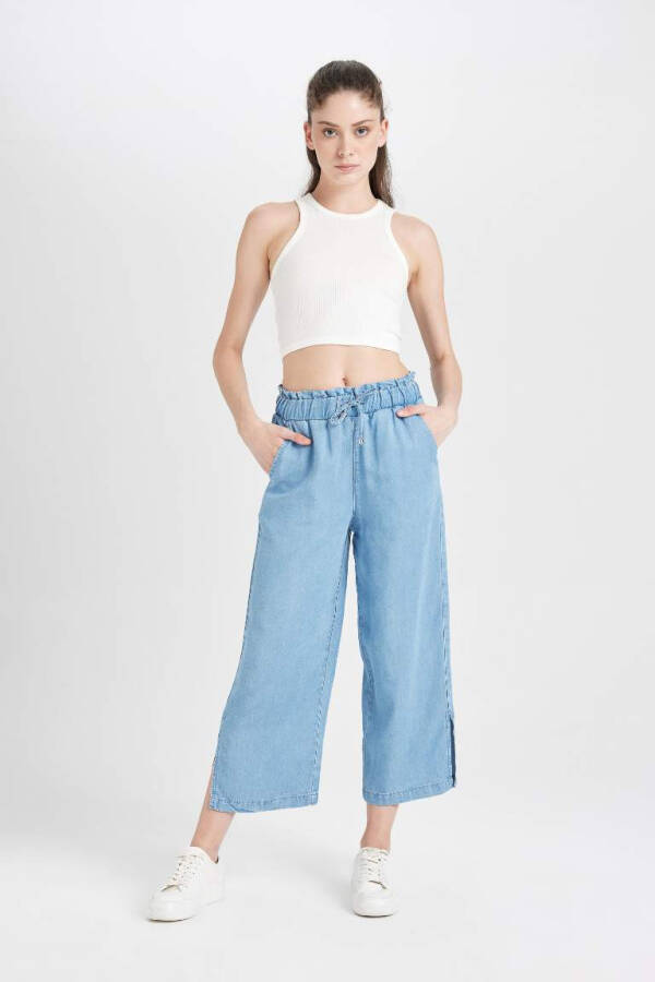 High Waist Culotte Short Wide Leg Slit Jean Pants Mint Blue - 5