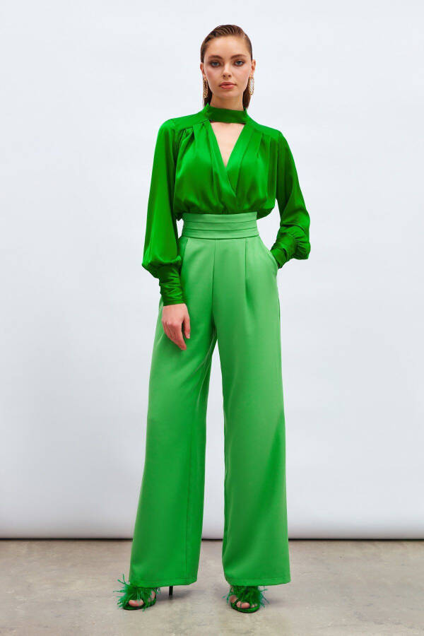 High-Waisted Pocket Trousers - Green - 1