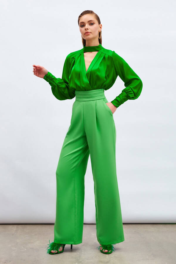 High-Waisted Pocket Trousers - Green - 5