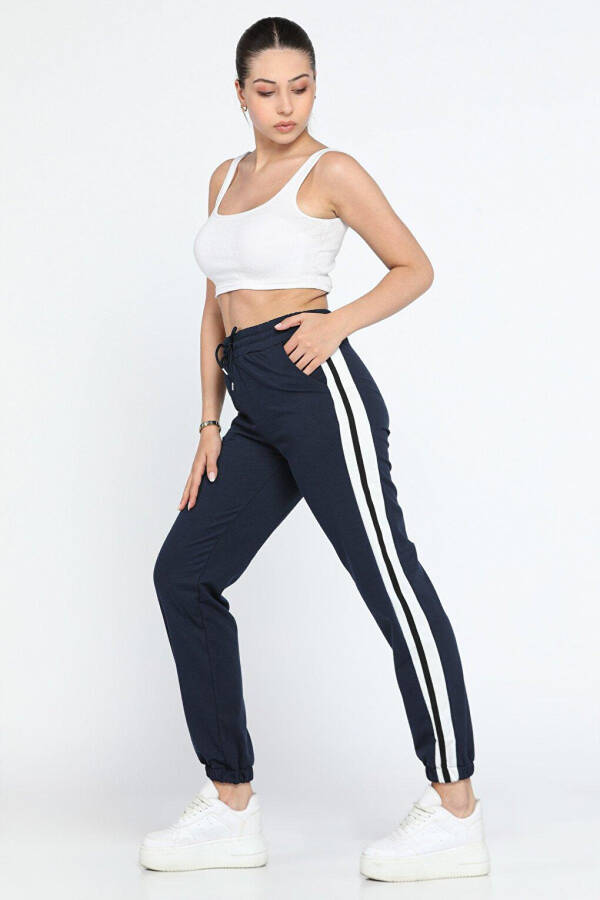 High Waisted Women's Sweatpants with Side Stripes and Elastic Waist and Cuffs - 2