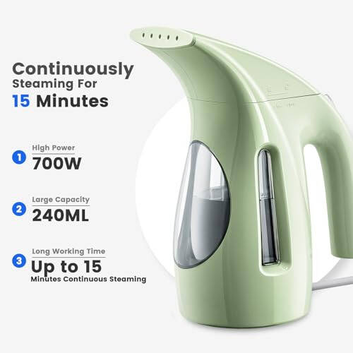 HiLIFE Steamer for Clothes, Portable Handheld Design, 240ml Big Capacity, 700W, Strong Penetrating Steam, Removes Wrinkle, for Home, Office and Travel (ONLY FOR 120V)(Green) - 5