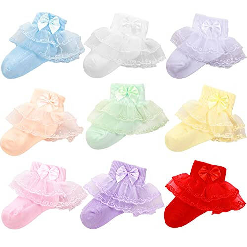 Hillban 9 Pairs Baby Lace Socks Girls' Ruffle Socks Newborn Infants Socks Princess Frilly Socks Lace Cotton Socks for Girls - 43