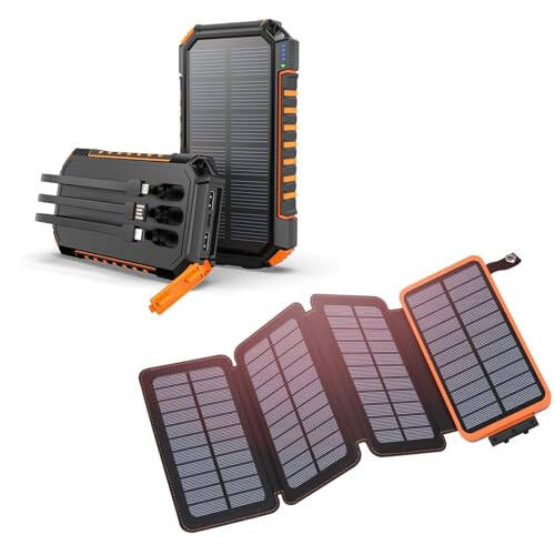 Hiluckey Power Bank Solar Charger 27000mAh Built in 3 Cables Five Outputs 15W Fast Charging Power Bank with 4 Solar Panels ompatible with Smartphones, Tablets, etc. - 1