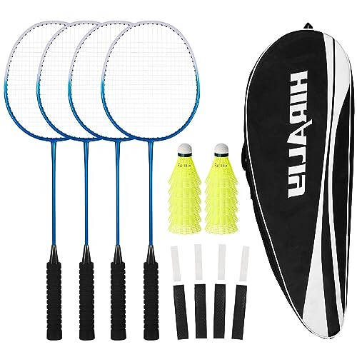 HIRALIY Badminton raketlari to'plami, ochiq havoda orqa hovli o'yinlari uchun, 4 ta raketka, 12 ta nilon volan, 4 ta almashtirish tutqichi lentalari va 1 ta tashish sumkasi bilan - 2