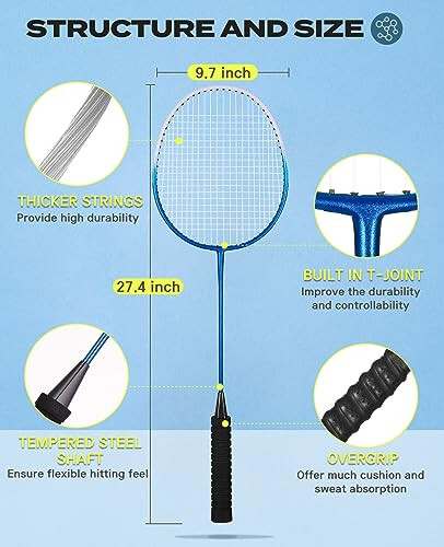 HIRALIY Badminton raketlari to'plami, ochiq havoda orqa hovli o'yinlari uchun, 4 ta raketka, 12 ta nilon volan, 4 ta almashtirish tutqichi lentalari va 1 ta tashish sumkasi bilan - 4