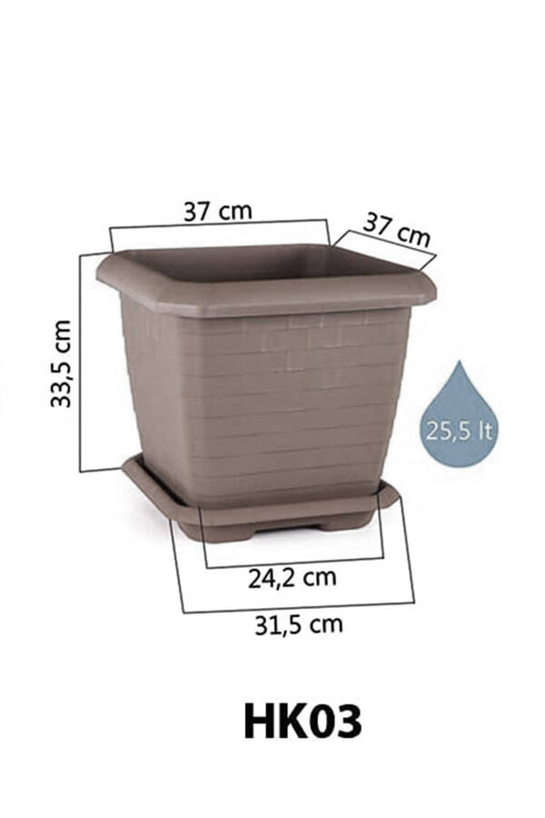 Hisar Kale Saksı 25 Litre Latte Kahve 37cm Kare Büyük Boy Tabaklı Plastik Bahçe Bitki Çiçek Saksısı - 2