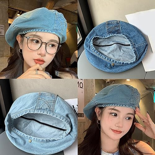 HISYI Women Beret Hat for Four Season Octagonal Hat Girls Spring Autumn Denims Breathable Headdress Soft Bonnet Hat - 6