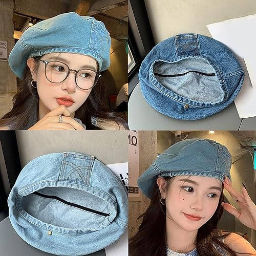 HISYI Women Beret Hat for Four Season Octagonal Hat Girls Spring Autumn Denims Breathable Headdress Soft Bonnet Hat - 6