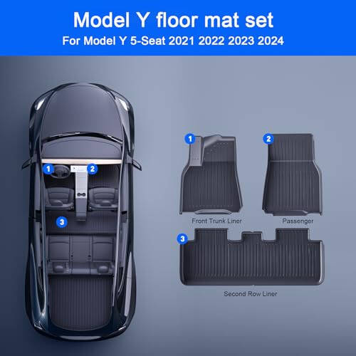 HIXIU Floor Mats for Tesla Model Y 2020-2024 TPE All-Weather Interior Liners Mats Accessories for 5-Seat (3Pcs,Black) - 3