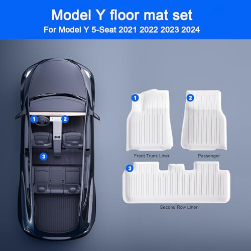 HIXIU Floor Mats for Tesla Model Y 2020-2024 TPE All-Weather Interior Liners Mats Accessories for 5-Seat (3Pcs,White) - 3