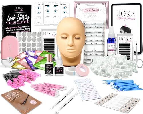 Hoka Lash Eyelash Extension Kit & Training Course and Certification, Professional Lash Extension Kit for Beginners Includes Practice Mannequin Head, Lash Trays, Glue, Tweezers, Fan & More - 1