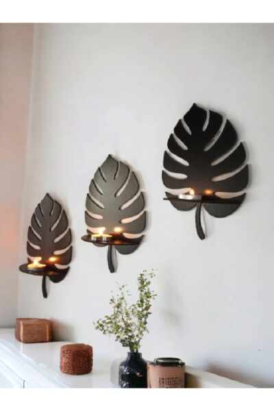 Home Office Wall Decoration 3-Piece Leaf Candle Holder Set Wooden Wall Decorative Accessory - 2