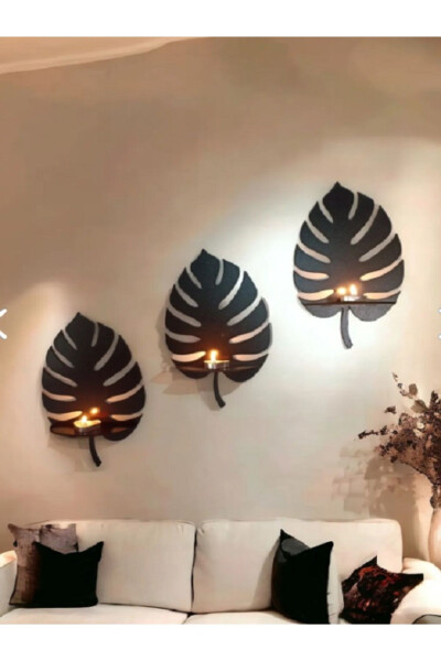 Home Office Wall Decoration 3-Piece Leaf Candle Holder Set Wooden Wall Decorative Accessory - 3