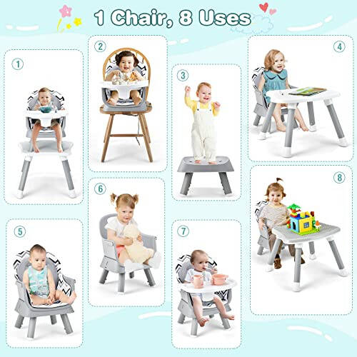 HONEY JOY 8 in 1 Baby High Chair, Convertible Highchair for Babies and Toddlers/Table and Chair Set/Building Block Table/Booster Seat/Stool/Toddler Chair with Safety Harness (Wave Gray) - 44