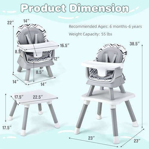 HONEY JOY 8 in 1 Baby High Chair, Convertible Highchair for Babies and Toddlers/Table and Chair Set/Building Block Table/Booster Seat/Stool/Toddler Chair with Safety Harness (Wave Gray) - 49