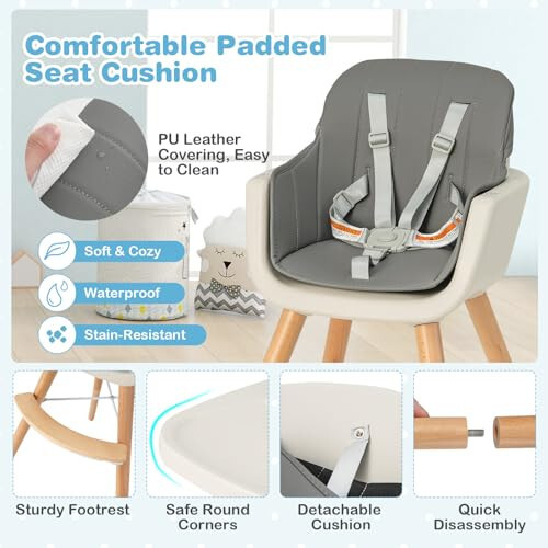 HONEY JOY Baby High Chair, 6-in-1 Eat & Grow Wooden Highchair/Toddler Chair with Removable Tray, 5-Point Harness, PU Cushion and Footrest, Convertible High Chair for Babies and Toddlers (Dark Gray) - 47