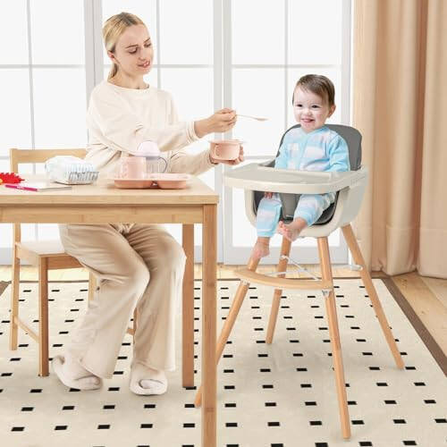 HONEY JOY Baby High Chair, 6-in-1 Eat & Grow Wooden Highchair/Toddler Chair with Removable Tray, 5-Point Harness, PU Cushion and Footrest, Convertible High Chair for Babies and Toddlers (Dark Gray) - 48