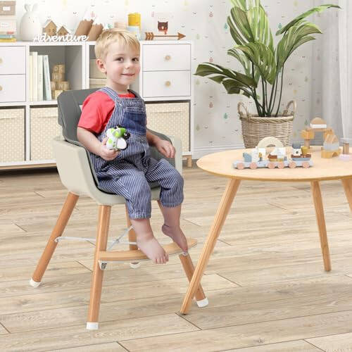 HONEY JOY Baby High Chair, 6-in-1 Eat & Grow Wooden Highchair/Toddler Chair with Removable Tray, 5-Point Harness, PU Cushion and Footrest, Convertible High Chair for Babies and Toddlers (Dark Gray) - 49