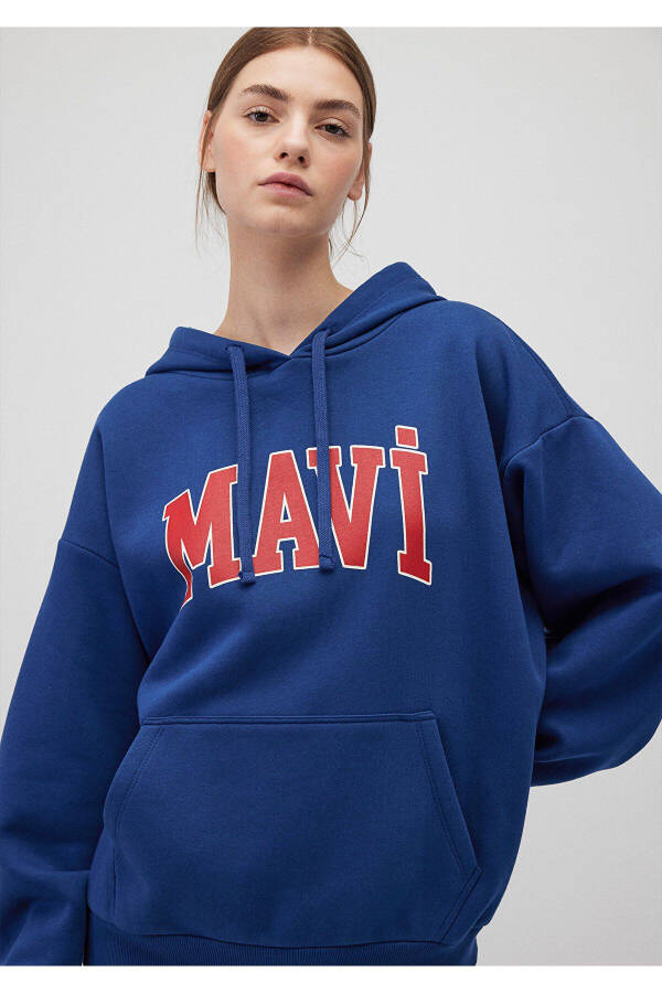 Hooded Navy Sweatshirt with Logo Print 1600361-82625 - 19