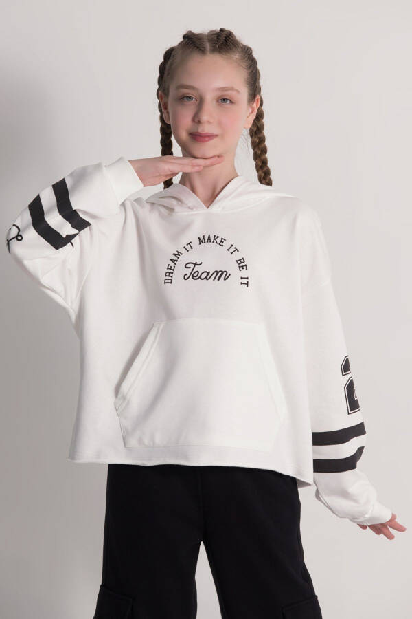 Hooded Sweatshirt with Striped Sleeves and Digital Print - 1