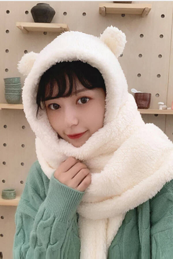 Hooded White Plush Beanie Scarf Women Welsoft Fleece Neck Warmer Scarf Windproof Earflap Hat - 9