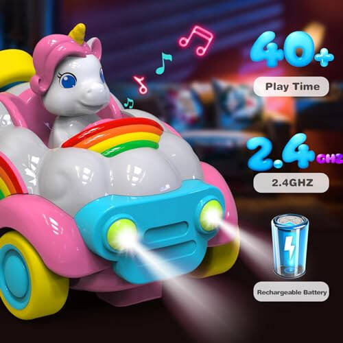 HopeRock Unicorn Toys Пульты дистанционного управления для автомобилей, игрушки для детей от 2 до 4 лет, подарки для девочек 2 лет, 2 шт. с светодиодными фонарями, музыкой и звуком, подарок на день рождения для девочек 2 3 4 5 6 лет (синий и розовый) - 3