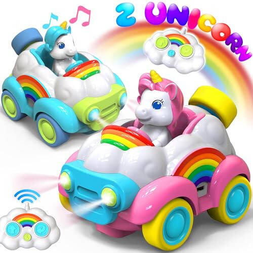 HopeRock Unicorn Toys Remote Control Cars,Toys for Ages 2-4,Gifts for 2 Year Old Girls 2 Pack with LED Lights,Music,and Sound,Birthday Gift for 2 3 4 5 6 Year Old Girls(Blue and Pink) - 6